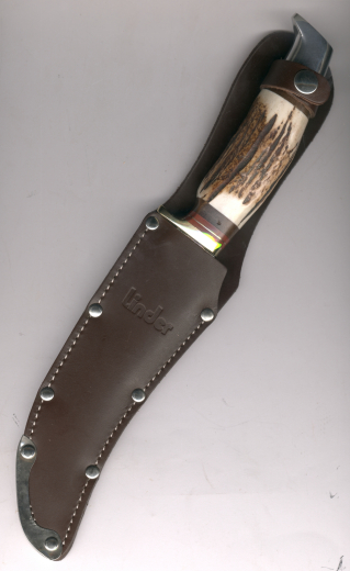 Linder 185115 Klassik Skinner Hirschhorngriff Kohlenstoffstahl blauer Karton, doppelvernähte Scheide, rar!